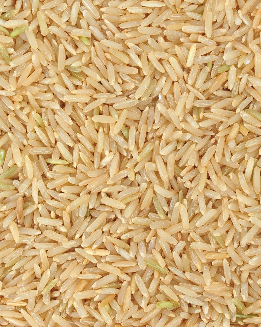 A close-up view of organic brown basmati rice.